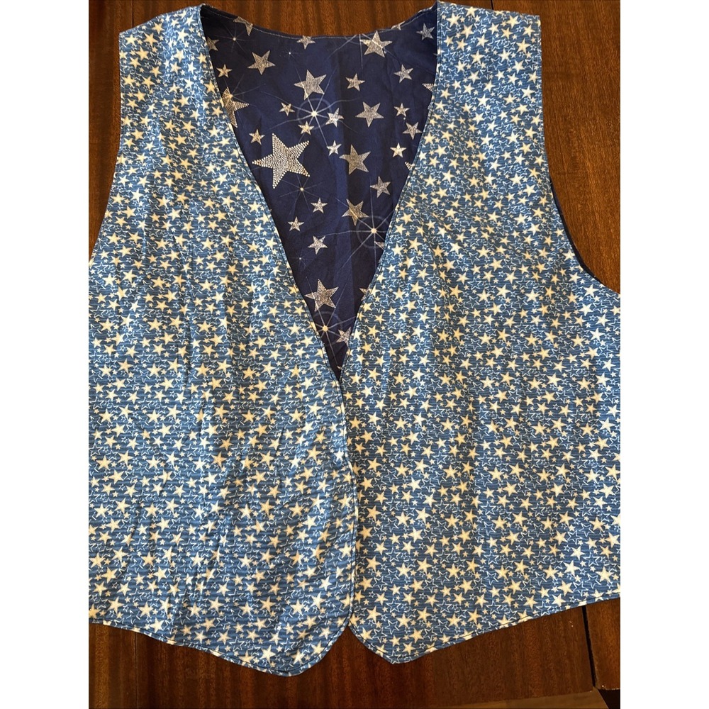 Vintage Handmade Holiday Vest Blue Stars One Size Reversible Cabin Cottagecore - Picture 6 of 11